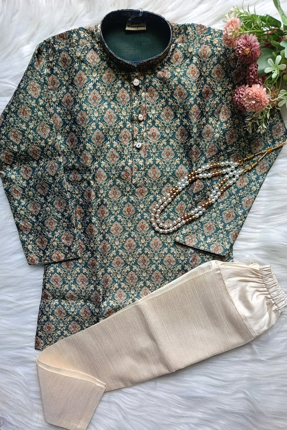 Boys Lunar Green Kurta set - Chain Included