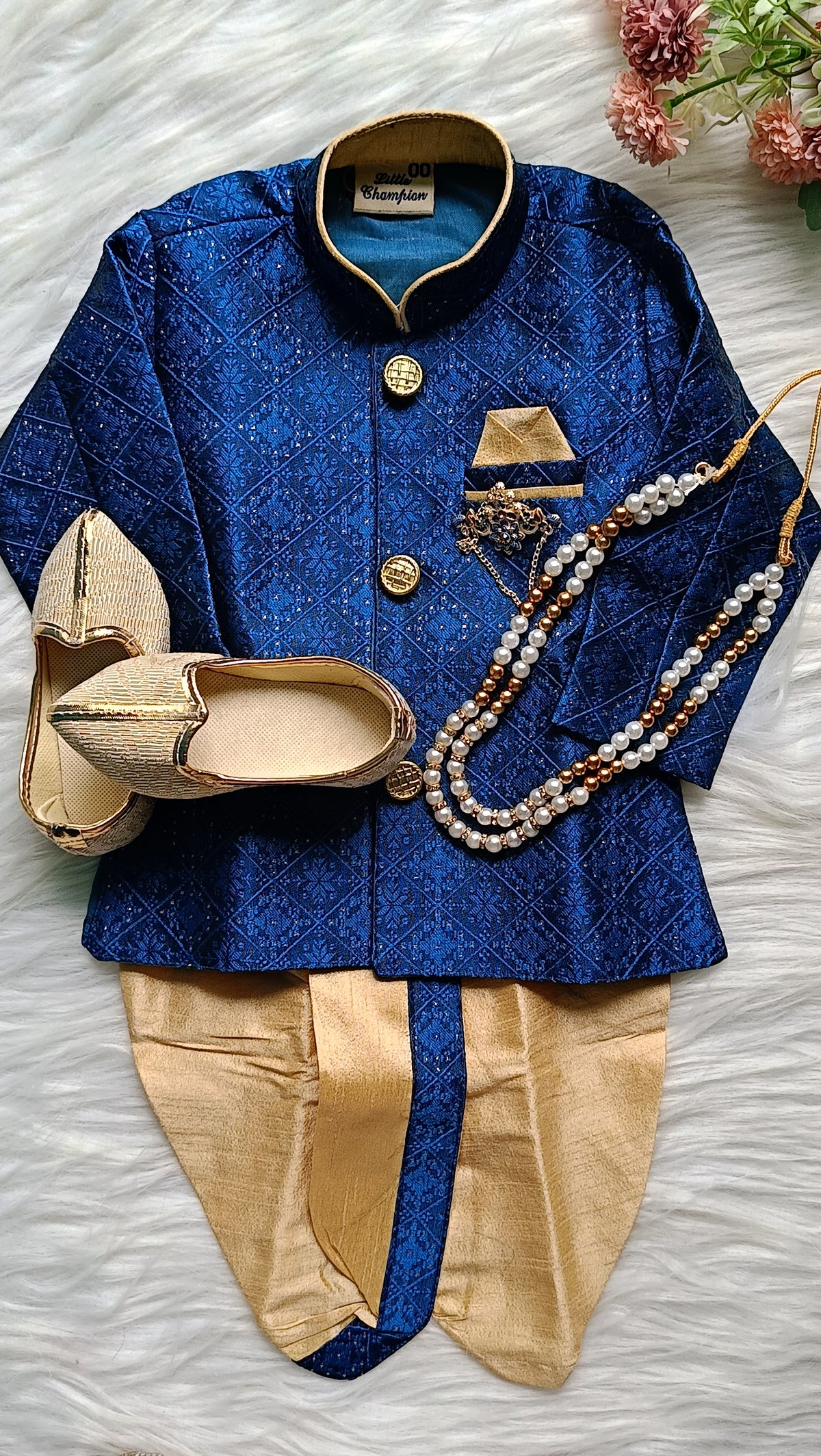 Boys Dusk Blue IndoWestern dhoti set - Chain and shoes included