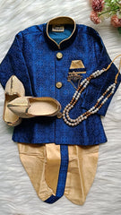 Boys Dusk Blue IndoWestern dhoti set - Chain and shoes included