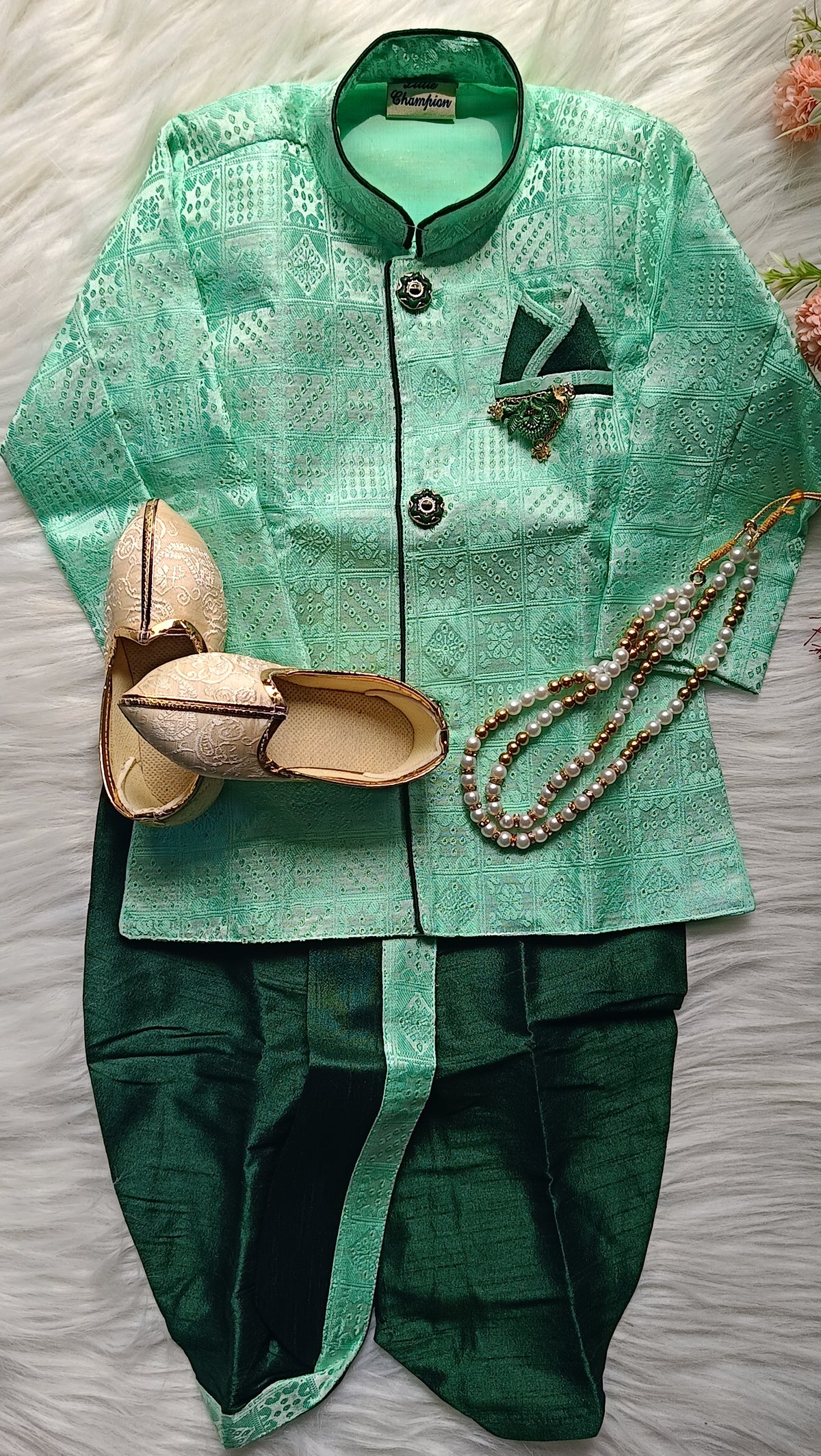 Boys kurta Dhoti set - Grey Teal and green  Dhoti  chain Included