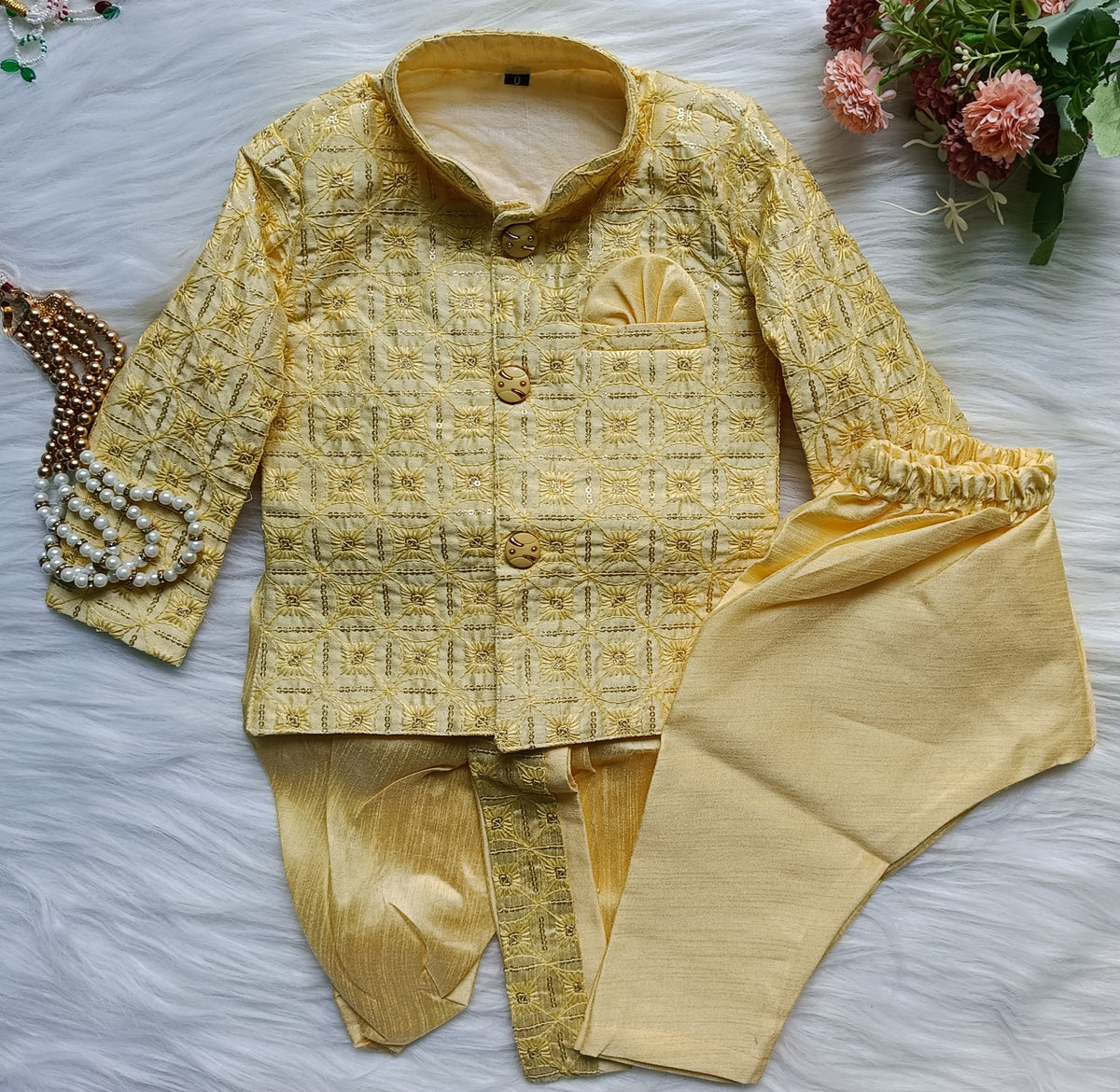 Boys Premium Indo Western 2 in 1 Kurta Set - Dhoti & Pant Included  Yellow