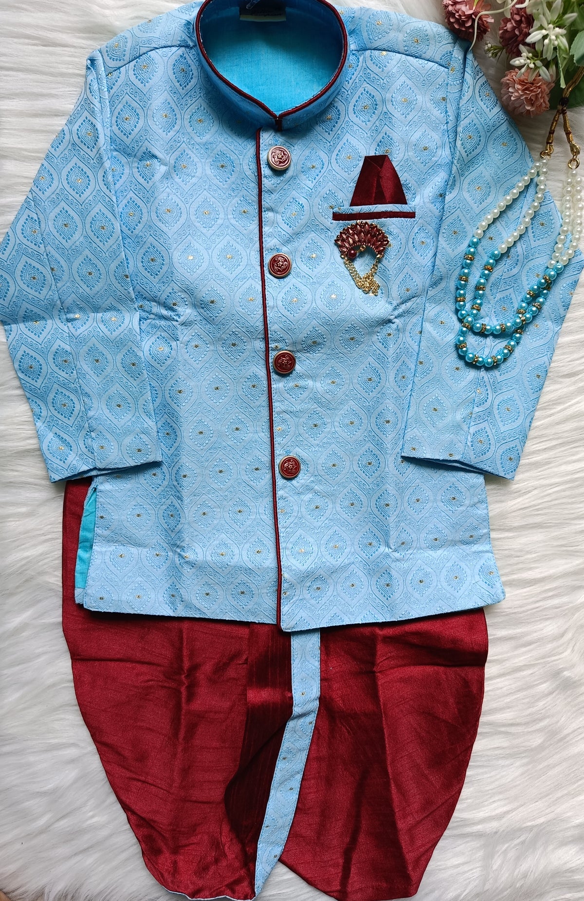 Boys kurta Dhoti set - Cyan Blue and Maroon  Dhoti  chain Included