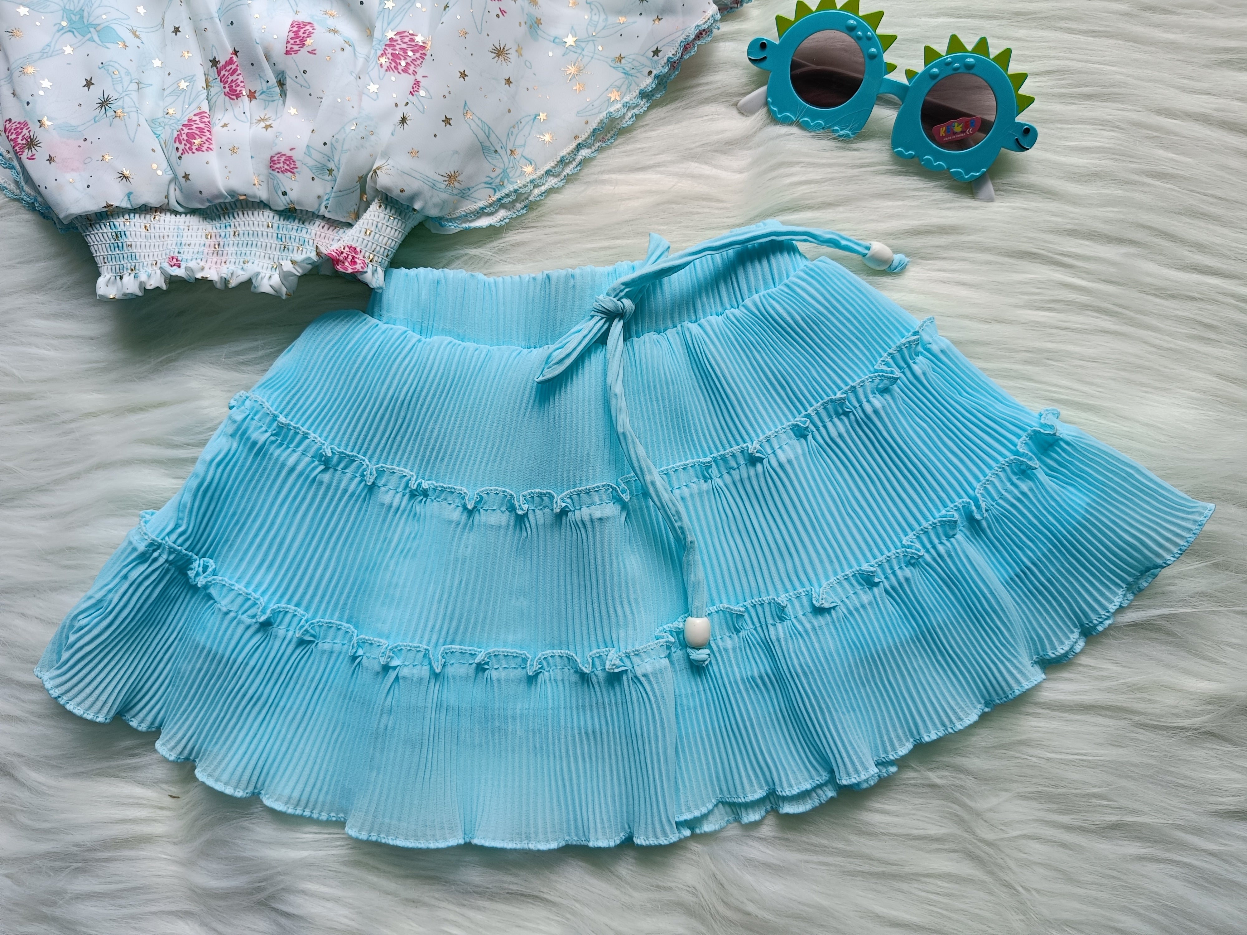 Girls - Trendy Partwear Layered Skirt set -Blue & White