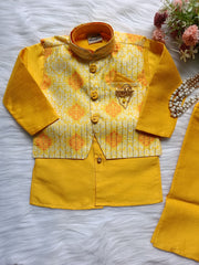 Boys' Kurta pyjama Set: Floral Jacket-Style Elegance for Kids -Yellow Premium