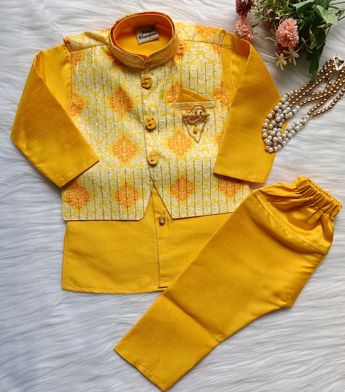 Boys' Kurta pyjama Set: Floral Jacket-Style Elegance for Kids -Yellow Premium