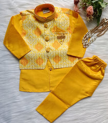 Boys' Kurta pyjama Set: Floral Jacket-Style Elegance for Kids -Yellow Premium